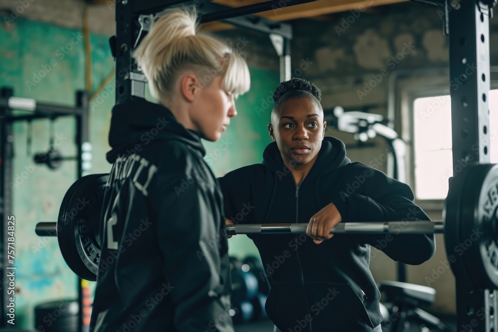 Two women are seen in a gym, engaging in barbell exercises as part of their fitness routine, A personal trainer assisting a woman with weight lifting, AI Generated