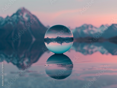  The serene reflection of a mountain range in a floating soap bubble