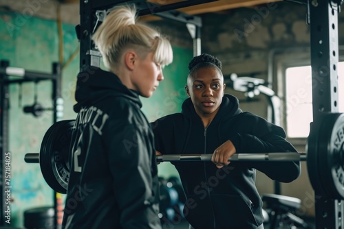 Two women are seen in a gym, engaging in barbell exercises as part of their fitness routine, A personal trainer assisting a woman with weight lifting, AI Generated