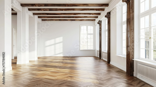 Aesthetic empty scandinavian style interior with wide room with white wall moldings and high wood ceiling. Generative AI