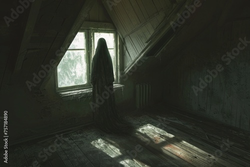 A person stands in an attic, gazing out of a window, observing their surroundings, A phantasmal figure observing the world through the window of a forgotten attic, AI Generated