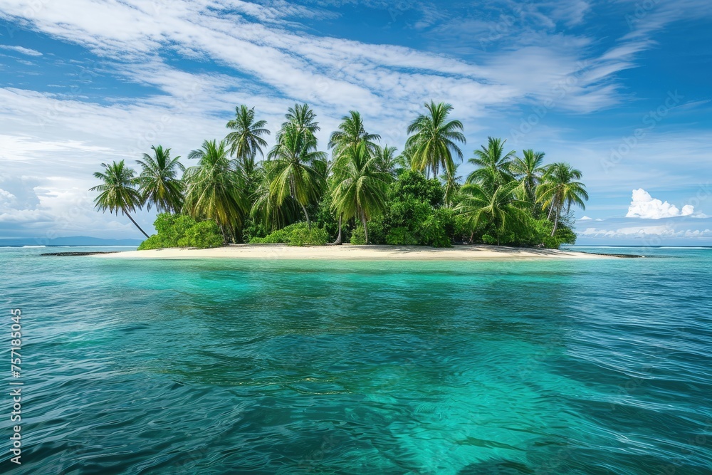A small island stands alone in the middle of the expansive oceanic expanse, A picturesque deserted island covered in palm trees and surrounded by turquoise waters, AI Generated