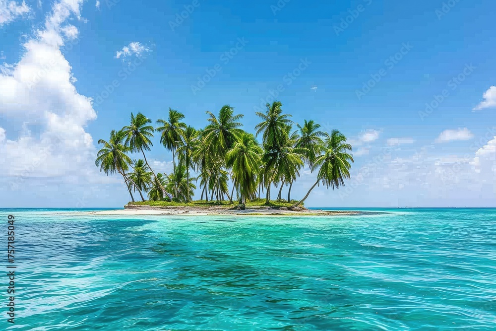 A small island is surrounded by palm trees in the middle of the vast ocean, A picturesque deserted island covered in palm trees and surrounded by turquoise waters, AI Generated