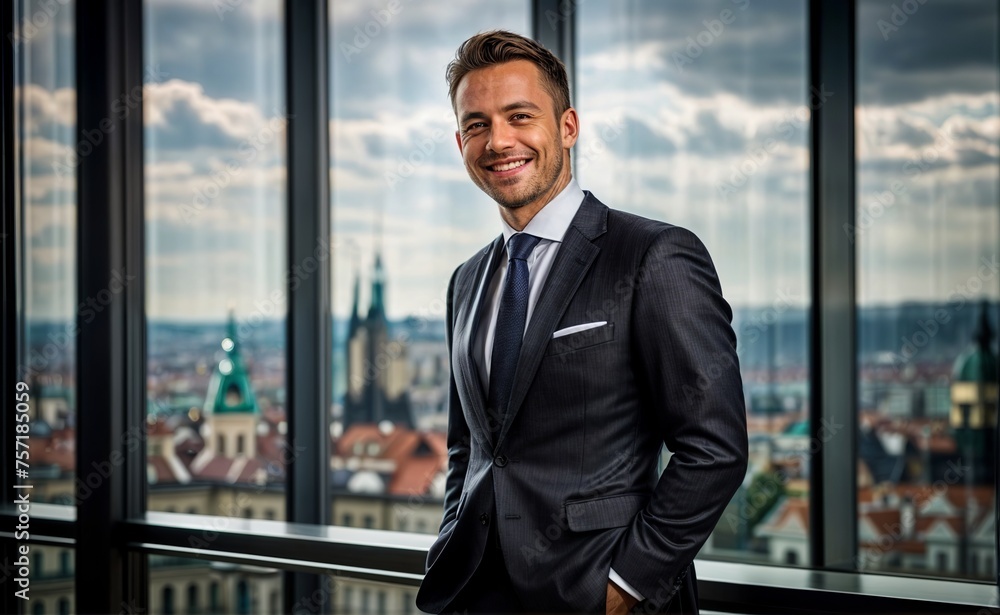 businessman standing with smiley face looking at camera happy businessman standing with smiley face looking at camera happy