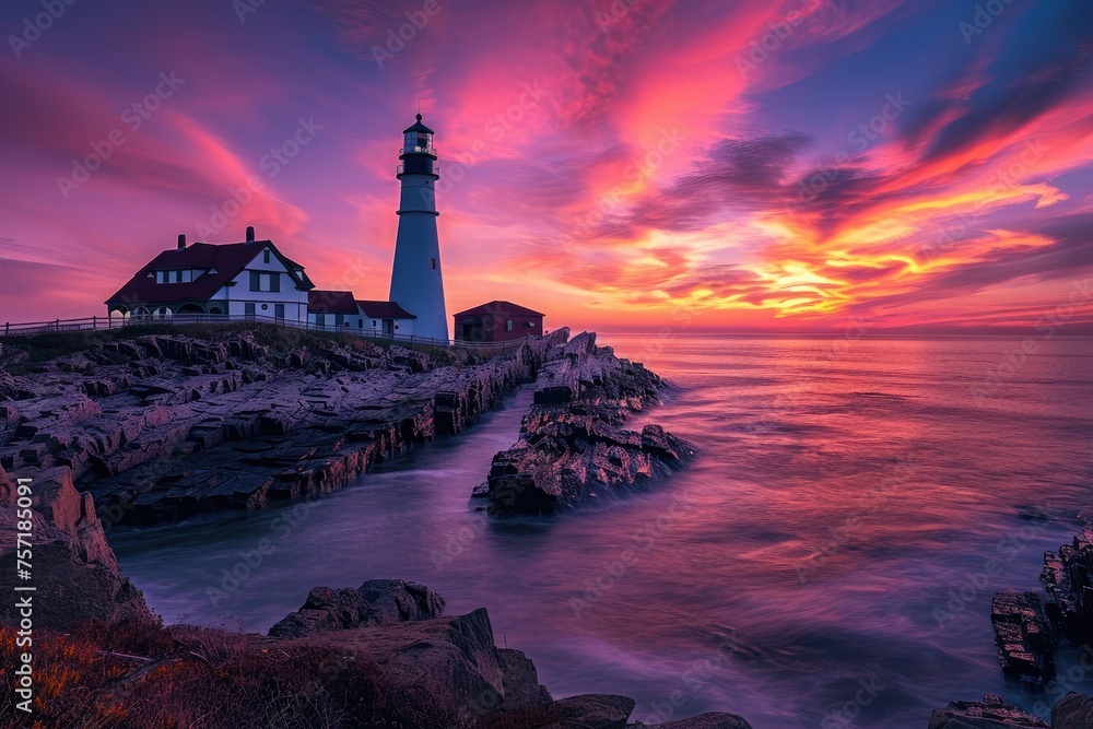 Majestic Lighthouse Perched Atop Cliff With Ocean View, A picturesque lighthouse overlooking a rugged coastline under a colorful evening sky, AI Generated