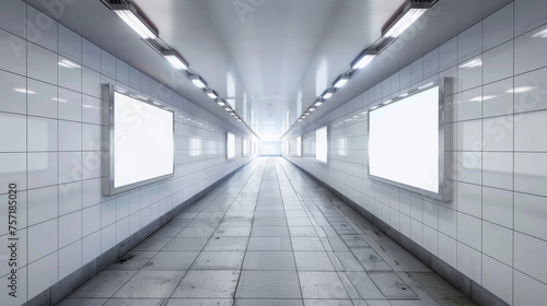Brightly lit subway passage featuring several white blank ad spaces on tiled walls