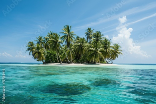 Small Island Enveloped by Palm Trees in the Vast Ocean  A picturesque deserted island covered in palm trees and surrounded by turquoise waters  AI Generated