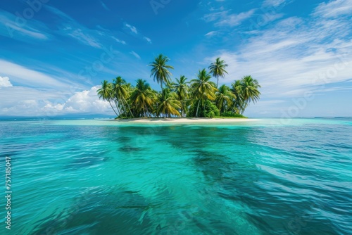 A tiny island covered with palm trees stands alone in the expansive ocean, A picturesque deserted island covered in palm trees and surrounded by turquoise waters, AI Generated