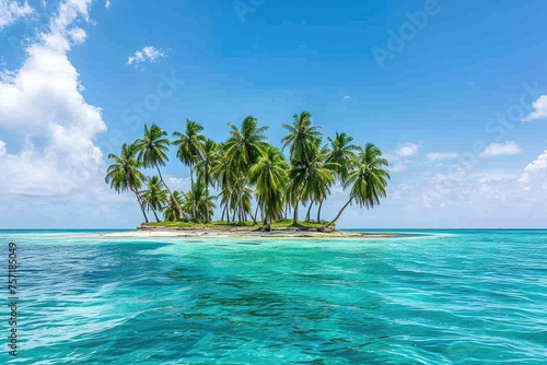 A small island is surrounded by palm trees in the middle of the vast ocean  A picturesque deserted island covered in palm trees and surrounded by turquoise waters  AI Generated