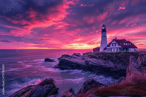 Majestic Lighthouse Perched on Clifftop Overlooking Ocean, A picturesque lighthouse overlooking a rugged coastline under a colorful evening sky, AI Generated