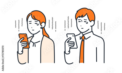 スマートフォンを見て落ち込む会社員のシンプルなベクターイラストセット素材