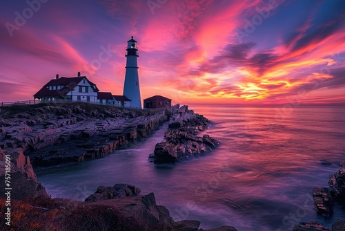 Majestic Lighthouse Perched Atop Cliff With Ocean View, A picturesque lighthouse overlooking a rugged coastline under a colorful evening sky, AI Generated