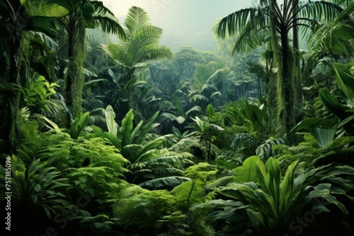 A lush tropical rainforest with a variety of green plants, trees, and ferns, isolated on white background