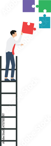 Businessman on ladder installing the final piece of puzzle-Business success concept


