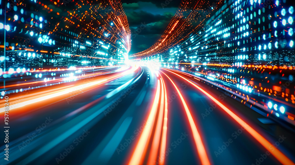 Night Transportation and Speed, Urban Motion and City Life, Blurred Traffic Lights on Road, Futuristic Movement Concept Night Transportation and Speed, Urban Motion and City Life, Blurred Traffic Lights on Road, Futuristic Movement Concept