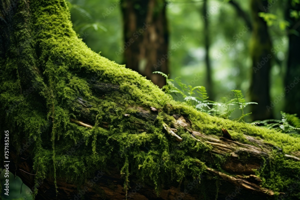 Fototapeta premium A mossy tree trunk in a forest, covered in vibrant green moss, isolated on white background