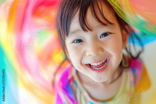 A young girl wearing a colorful umbrella on her head, embracing her playful and imaginative spirit, A playful blend of vivid colors suggesting childlike joy and innocence, AI Generated