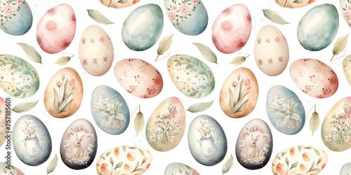 watercolor seamless pattern with cute easter eggs and spring flowers. holiday print for fabri photo