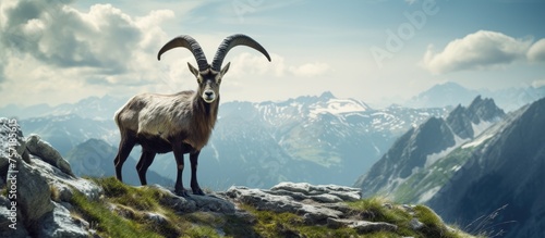 A goatantelope with long horns is standing majestically on top of a mountain, overlooking the natural landscape below with grassland, water, and a cloudy sky