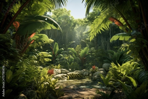 A lush  tropical jungle with a variety of plants and trees