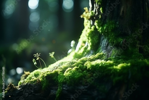 A vibrant green moss growing on a tree trunk, illuminated by sunlight