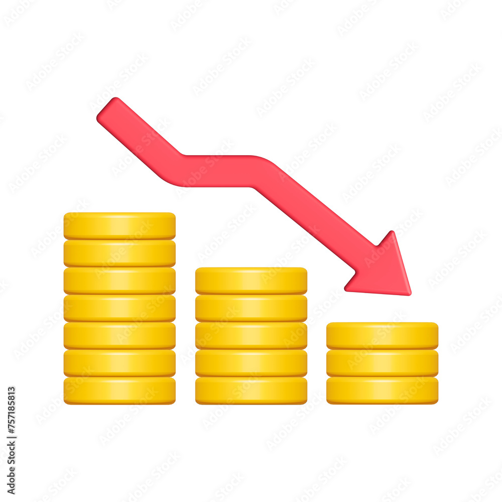 3d gold coin stack with red down arrow isolated on white background. Business and finance concept. Cartoon minimal style. Money coins icon render illustration.