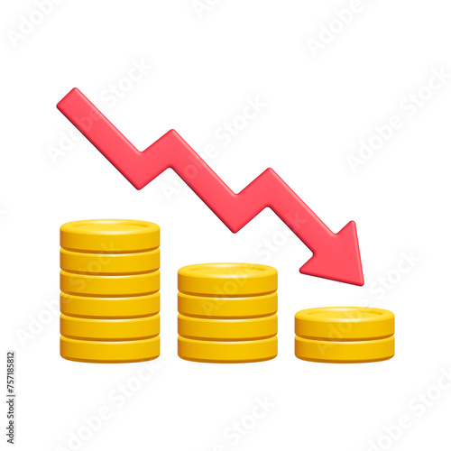 3d gold coin stack with red down arrow isolated on white background. Business and finance concept. Cartoon minimal style. Money coins icon render illustration.