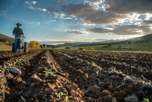 Farmer using tiller on field at sunset, rural farming landscape with mountains in background. Agricultural work with machinery in fertile farmland, sustainable cultivation concept photo