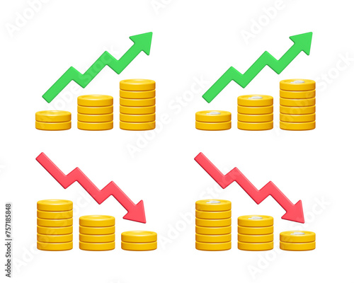 3d gold coin stack with green up and red down arrow isolated on white background. Business finance concept. Cartoon minimal style. Money coins icon render illustration.