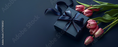 Bouquet of tulips and a gift on a blue background. Banner template for spring cards, invitations, posters. Holiday concept with place for text photo