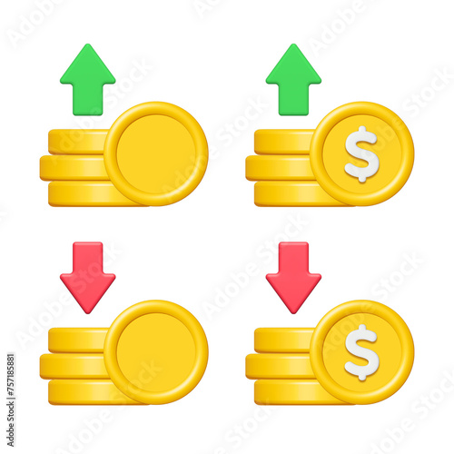 3d gold coin stack with green up and red down arrow isolated on white background. Business finance concept. Cartoon minimal style. Money coins icon render illustration.