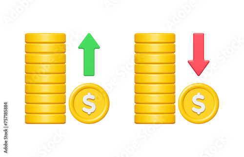 3d gold coin stack with green up and red down arrow isolated on white background. Business finance concept. Cartoon minimal style. Money coins icon render illustration.