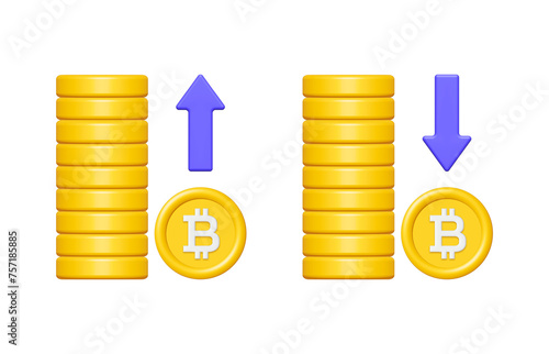 3d thai baht coin stack with up and down arrow isolated on white background. Business finance concept. Cartoon minimal style. Money coins icon render illustration.
