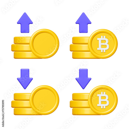 3d thai baht coin stack with up and down arrow isolated on white background. Business finance concept. Cartoon minimal style. Money coins icon render illustration.