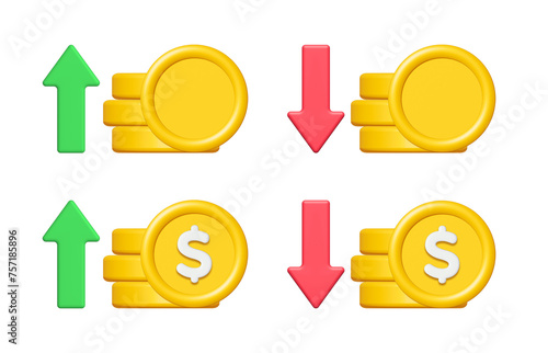 3d gold coin stack with green up and red down arrow isolated on white background. Business finance concept. Cartoon minimal style. Money coins icon render illustration.