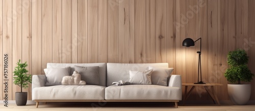 An interior design featuring a white couch against a wooden wall in a brown building. The comfort of the furniture complements the wood flooring and window view