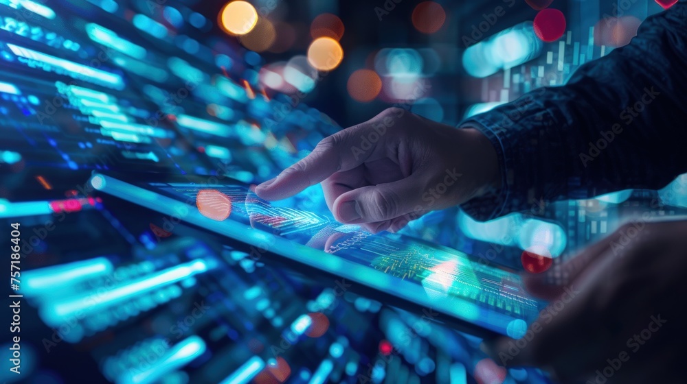 Person working using futuristic digital tablet for technology concept. Generate AI image Person working using futuristic digital tablet for technology concept. Generate AI image