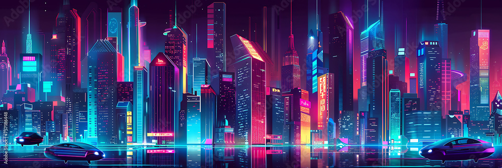 A futuristic city skyline illuminated by neon lights, with sleek hover cars zipping through the bustling streets below.