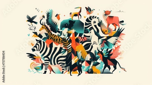 the geometric flat 2d illustration features an assortment of animals, in the style of bold graphic shapes, michael malm, light pastel colors, bold posters, junglecore, shape collage, joyful © paisorn