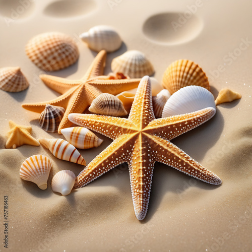 Starfish and shells lie on the sand of the sea beach