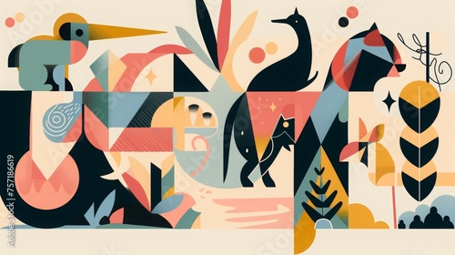the geometric flat 2d illustration features an assortment of animals  in the style of bold graphic shapes  michael malm  light pastel colors  bold posters  junglecore  shape collage  joyful