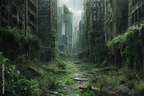 This photo captures the bustling energy of a city filled with numerous towering skyscrapers  A post-apocalyptic cityscape overgrown with flora and devoid of people  AI Generated