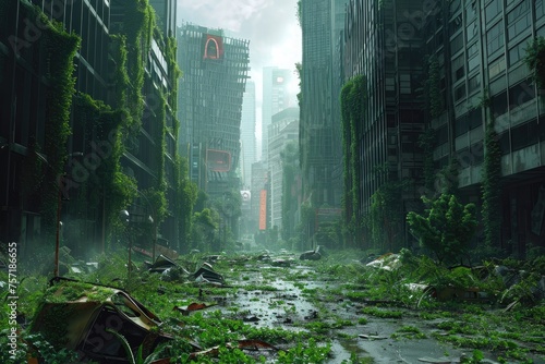 This photo showcases a bustling city adorned with towering buildings and vibrant green plants, A post-apocalyptic cityscape overgrown with flora and devoid of people, AI Generated photo