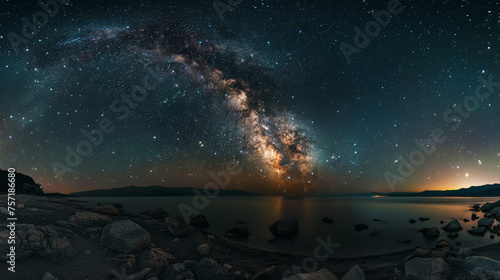 Panoramic view of the night starry sky with the Milky Way. Mountain tourism, camping. Generative AI