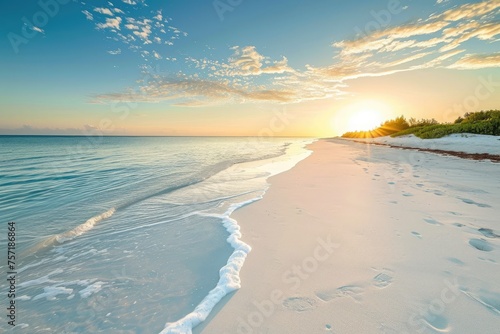 A photo capturing the sun setting on a beach, depicting footprints in the sand, A pristine, white sandy beach with a clear view of the horizon at sunset, AI Generated © Iftikhar alam