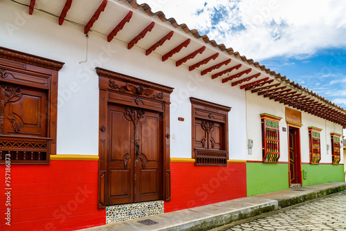 Facades of colorful houses in Jerico, Colombia