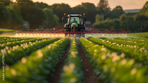 A dynamic view of a tractor spraying a soybean field at dusk, highlighting agricultural efficiency and technology in crop management against the backdrop of a setting sun