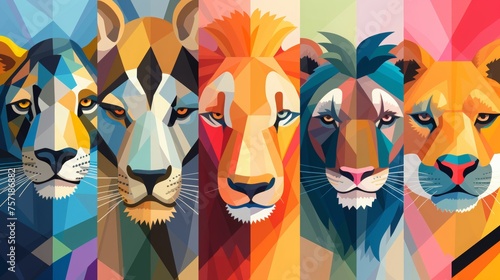 the geometric flat 2d illustration features an assortment of animals, in the style of bold graphic shapes, michael malm, light pastel colors, bold posters, junglecore, shape collage, joyful photo