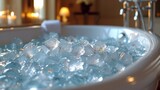 A bathtub piled high with ice cubes, completely filled to the brim with icy cold water