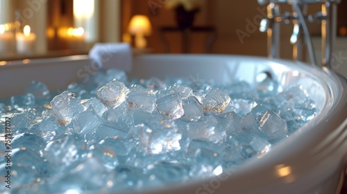 A bathtub piled high with ice cubes, completely filled to the brim with icy cold water photo